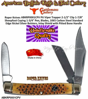 Cattlemans Cutlery ABKRP0002CPV Roper Knives Pit Viper Trapper 3 1/4" Clip and 3 1/4" Spey Blades, 1065 Carbon Steel Standard Edge Nickel Silver Bolsters, Inlay Shield with Brown Bone Handle
