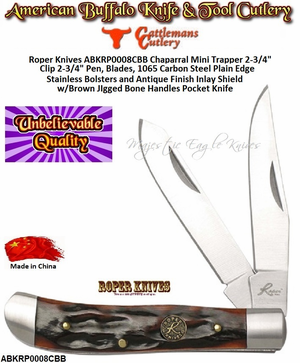 Roper Knives ABKRP0008CBB Chaparral Mini Trapper 2-3/4" Clip 2-3/4" Pen, Blades, 1065 Carbon Steel Plain Edge Stainless Bolsters and Antique Finish Inlay Shield w/Brown JIgged Bone Handles Pocket Knife Roper Knives ABKRP0008CBB Chaparral Mini Trapper 2-3/4" Clip 2-3/4" Pen, Blades, 1065 Carbon Steel Plain Edge Stainless Bolsters and Antique Finish Inlay Shield w/Brown JIgged Bone Handles Pocket Knife