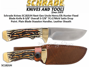 Schrade 182UH Uncle Henry Elk Hunter Fixed 3.83" 7Cr17MoV Blade, Staglon Handled Knife & Leather Sheath