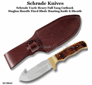 Schrade 185UH Uncle Henry Gut Hook Fixed 4.3" 7Cr17MoV Satin Blade, Staglon Handled Knife &  Leather Sheath