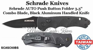 Schrade Knives ASC60BS Schrade AUTO Push Button Folder 3.3" Combo Blade, Black Aluminum Handled Knife Schrade Knives ASC60BS Schrade AUTO Push Button Folder 3.3" Combo Blade, Black Aluminum Handled Knife