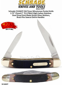 Schrade Knives CS104OT Old Timer Minuteman Pocket Knife 2-3/4" Closed 2" 7Cr17MoV High Carbon Stainless Steel Drop Point Blade Nickel Silver Bolsters, Brass Pins Sawcut Delrin Handles Schrade Knives CS104OT Old Timer Minuteman Pocket Knife 2-3/4" Closed 2" 7Cr17MoV High Carbon Stainless Steel Drop Point Blade Nickel Silver Bolsters, Brass Pins Sawcut Delrin Handles