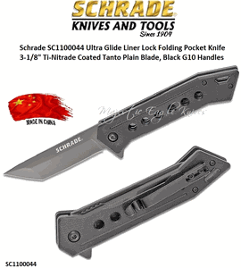 Schrade Knives SC1100044 Ultra Glide Liner Lock Folding Pocket Knife 3-1/8" 9Cr18MoV Stainless Steel Ti-Nitrade Coated Tanto Plain Blade, Black G10 Handles
