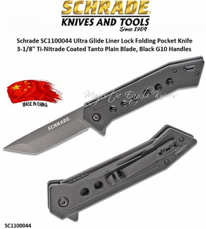 Schrade Knives SC1100044 Ultra Glide Liner Lock Folding Pocket Knife 3-1/8" 9Cr18MoV Stainless Steel Ti-Nitrade Coated Tanto Plain Blade, Black G10 Handles