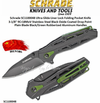 Schrade Knives SC1100048 Ultra Glide Liner Lock Folding Pocket Knife 3-1/8" 9Cr18MoV Stainless Steel Black Oxide Coated Drop Point Plain Blade Black/Green Rubberized Aluminum Handles Schrade Knives SC1100048 Ultra Glide Liner Lock Folding Pocket Knife 3-1/8" 9Cr18MoV Stainless Steel Black Oxide Coated Drop Point Plain Blade Black/Green Rubberized Aluminum Handles