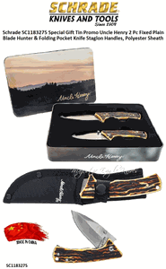 Schrade Knives SC1183275 Schrade Special Gift Tin Promo Uncle Henry 2 Pc Fixed Plain Blade Hunter & Folding Pocket Knife Staglon Handles, Polyester Sheath