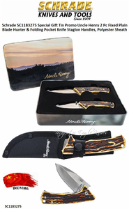 Schrade Knives SC1183275 Schrade Special Gift Tin Promo Uncle Henry 2 Pc Fixed Plain Blade Hunter & Folding Pocket Knife Staglon Handles, Polyester Sheath Schrade Knives SC1183275 Schrade Special Gift Tin Promo Uncle Henry 2 Pc Fixed Plain Blade Hunter & Folding Pocket Knife Staglon Handles, Polyester Sheath