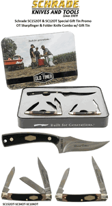 Schrade Knives SC1188055 Schrade Special Promo Tin SC152OT-SC34OT-SC104OT OT 3pc Fixed Blade Two Folders w/Rose Wood Handles