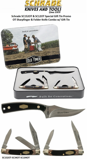 Schrade Knives SC1188055 Schrade Special Promo Tin SC152OT-SC34OT-SC104OT OT 3pc Fixed Blade Two Folders w/Rose Wood Handles Schrade Knives SC1188055 Schrade Special Promo Tin SC152OT-SC34OT-SC104OT OT 3pc Fixed Blade Two Folders w/Rose Wood Handles