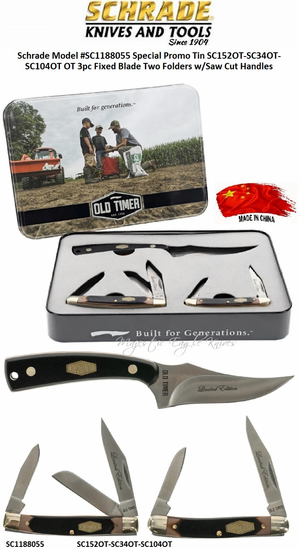 Schrade Knives SC1188055 Schrade Special Promo Tin SC152OT-SC34OT-SC104OT OT 3pc Fixed Blade Two Folders w/Saw Cut Handles Schrade Knives SC1188055 Schrade Special Promo Tin SC152OT-SC34OT-SC104OT OT 3pc Fixed Blade Two Folders w/Saw Cut Handles