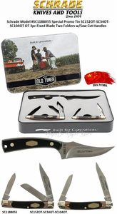 Schrade Knives SC1188055 Schrade Special Promo Tin SC152OT-SC34OT-SC104OT OT 3pc Fixed Blade Two Folders w/Saw Cut Handles Schrade Knives SC1188055 Schrade Special Promo Tin SC152OT-SC34OT-SC104OT OT 3pc Fixed Blade Two Folders w/Saw Cut Handles