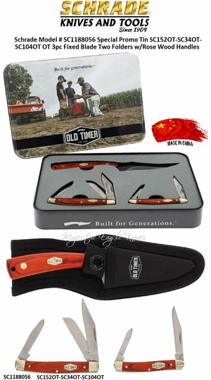 Schrade Knives SC1188056 Schrade Special Promo Tin SC152OT-SC34OT-SC104OT OT 3pc Fixed Blade Two Folders w/Rose Wood Handles Schrade Knives SC1188056 Schrade Special Promo Tin SC152OT-SC34OT-SC104OT OT 3pc Fixed Blade Two Folders w/Rose Wood Handles
