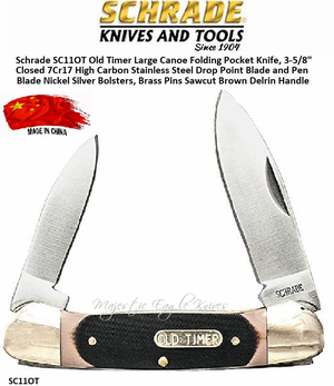 Schrade Knives SC11OT Old Timer Large Canoe Folding Pocket Knife, 3-5/8" Closed 2-1/2" 7Cr17 High Carbon Stainless Steel Drop Point Blade and Pen Plain Blades, Sawcut Handles with Nickel Silver Bolsters, Brass Pins