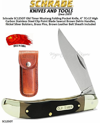 Schrade Knives SC125OT Old Timer Mustang Folding Pocket Knife, 4" 7Cr17 High Carbon Stainless Steel Clip Point Blade Sawcut Brown Delrin Handles, Nickel Silver Bolsters, Brass Pins, Brown Leather Belt Sheath Included Schrade Knives SC125OT Old Timer Mustang Folding Pocket Knife, 4" 7Cr17 High Carbon Stainless Steel Clip Point Blade Sawcut Brown Delrin Handles, Nickel Silver Bolsters, Brass Pins, Brown Leather Belt Sheath Included