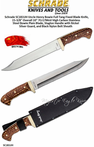 Schrade Knives SC181UH Uncle Henry Bowie Full Tang Fixed Blade Knife, 15-3/8" Overall 10" 7Cr17MoV High Carbon Stainless Steel Bowie Plain Blade, Staglon Handle with Nickel Silver Guard, and Black Nylon Belt Sheath Schrade Knives SC181UH Uncle Henry Bowie Full Tang Fixed Blade Knife, 15-3/8" Overall 10" 7Cr17MoV High Carbon Stainless Steel Bowie Plain Blade, Staglon Handle with Nickel Silver Guard, and Black Nylon Belt Sheath