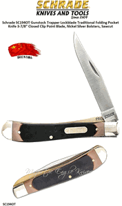 Schrade Knives SC194OT Gunstock Trapper Lockblade Traditional Folding Pocket Knife 3-7/8" Closed 3-7/8" Clip Point Plain Blade, Wood Handles w/Nickel Silver Bolsters, Brass Pins
