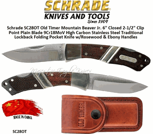 Schrade Knives SC28OT Old Timer Mountain Beaver Jr. 6" Closed 2-1/2" Clip Point Plain Blade 9Cr18MoV High Carbon Stainless Steel Traditional Lockback Folding Pocket Knife w/Rosewood & Ebony Handles