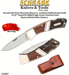 Schrade Knives SC29OT Old Timer Mountain Beaver Sr. Lockback Folder Pocket Knife 4.5" Closed 3-1/8" 9Cr18MoV High Carbon Stainless Steel Plain Blade, Handle is Wood with Nickel Silver Bolsters