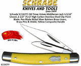 Schrade Knives SC33OTY Old Timer Knives Middleman Jack 3-5/16" Closed, 2-1/2" 7Cr17 High Carbon Stainless Steel Clip Point Blade, Pen Blade Nickel Silver Bolsters Brass Liners, Brass Pins & Shield, Yellow Composite Handle