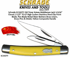 Schrade Knives SC33OTY Old Timer Knives Middleman Jack 3-5/16" Closed, 2-1/2" 7Cr17 High Carbon Stainless Steel Clip Point Blade, Pen Blade Nickel Silver Bolsters Brass Liners, Brass Pins & Shield, Yellow Composite Handle