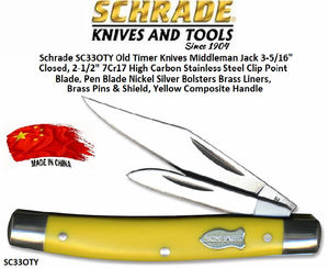 Schrade Knives SC33OTY Old Timer Knives Middleman Jack 3-5/16" Closed, 2-1/2" 7Cr17 High Carbon Stainless Steel Clip Point Blade, Pen Blade Nickel Silver Bolsters Brass Liners, Brass Pins & Shield, Yellow Composite Handle