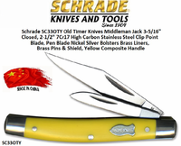 Schrade Knives SC33OTY Old Timer Knives Middleman Jack 3-5/16" Closed, 2-1/2" 7Cr17 High Carbon Stainless Steel Clip Point Blade, Pen Blade Nickel Silver Bolsters Brass Liners, Brass Pins & Shield, Yellow Composite Handle Schrade Knives SC33OTY Old Timer Knives Middleman Jack 3-5/16" Closed, 2-1/2" 7Cr17 High Carbon Stainless Steel Clip Point Blade, Pen Blade Nickel Silver Bolsters Brass Liners, Brass Pins & Shield, Yellow Composite Handle