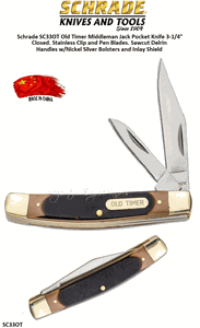 Schrade Knives SC33OT Old Timer Middleman Jack Pocket Knife 3-1/4" Closed. Stainless Clip and Pen Blades. Sawcut Delrin Handles w/Nickel Silver Bolsters and Inlay Shield