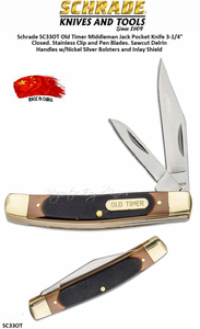 Schrade Knives SC33OT Old Timer Middleman Jack Pocket Knife 3-1/4" Closed. Stainless Clip and Pen Blades. Sawcut Delrin Handles w/Nickel Silver Bolsters and Inlay Shield Schrade Knives SC33OT Old Timer Middleman Jack Pocket Knife 3-1/4" Closed. Stainless Clip and Pen Blades. Sawcut Delrin Handles w/Nickel Silver Bolsters and Inlay Shield