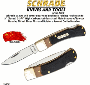 Schrade Knives SC3OT Old Timer Bearhead Lockback Folding Pocket Knife 3" Closed, 2-3/4" High Carbon Stainless Steel Plain Blades w/Sawcut Handle, Nickel Silver Pins and Bolsters Sawcut Delrin Handles