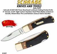 Schrade Knives SC3OT Old Timer Bearhead Lockback Folding Pocket Knife 3" Closed, 2-3/4" High Carbon Stainless Steel Plain Blades w/Sawcut Handle, Nickel Silver Pins and Bolsters Sawcut Delrin Handles Schrade Knives SC3OT Old Timer Bearhead Lockback Folding Pocket Knife 3" Closed, 2-3/4" High Carbon Stainless Steel Plain Blades w/Sawcut Handle, Nickel Silver Pins and Bolsters Sawcut Delrin Handles