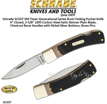 Schrade Knives SC5OT Old Timer Generational Series Bruin Folding Pocket Knife 4" Closed, 2-5/8" 1095 Carbon Steel Satin Skinner Plain Blade, Chestnut Bone Handles with Nickel Silver Bolsters, Brass Pins