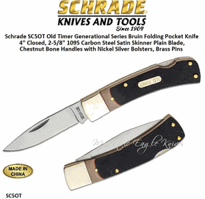 Schrade Knives SC5OT Old Timer Generational Series Bruin Folding Pocket Knife 4" Closed, 2-5/8" 1095 Carbon Steel Satin Skinner Plain Blade, Chestnut Bone Handles with Nickel Silver Bolsters, Brass Pins