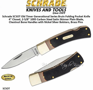 Schrade Knives SC5OT Old Timer Generational Series Bruin Folding Pocket Knife 4" Closed, 2-5/8" 1095 Carbon Steel Satin Skinner Plain Blade, Chestnut Bone Handles with Nickel Silver Bolsters, Brass Pins Schrade Knives SC5OT Old Timer Generational Series Bruin Folding Pocket Knife 4" Closed, 2-5/8" 1095 Carbon Steel Satin Skinner Plain Blade, Chestnut Bone Handles with Nickel Silver Bolsters, Brass Pins