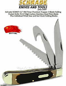 Schrade Knives SC69OT Schrade 4.1 Old Timer Premium Trapper 3 Blade Folding Pocket Knife 7Cr17 High Carbon Stainless Steel Plain Blade Plus Individual Fitted Saw and Gut Hook Folding Blades