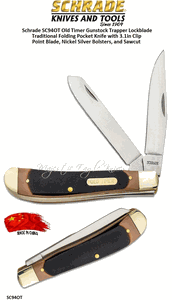 Schrade Knives SC94OT Old Timer Gunstock Trapper Folding Pocket Knife, 3-78" Closed 3" 7Cr17 High Carbon Stainless Steel Clip Point Blade and Spey Blade Sawcut Handles with Nickel Silver Bolsters, Brass Pins