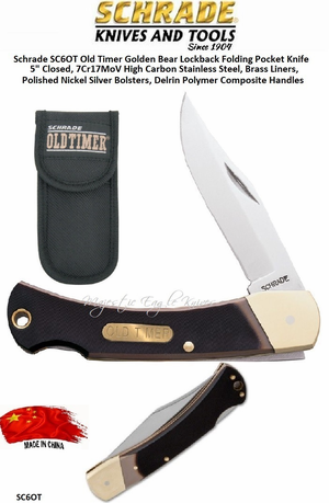 Schrade Knives SC6OT Old Timer Golden Bear Lockback w/Sheath 5" Closed 4" Clip Point Plain Blade 7Cr17MoV High Carbon Stainless Steel Nickel Silver Bolsters, Brass Pins Sawcut Brown Delrin Handle
