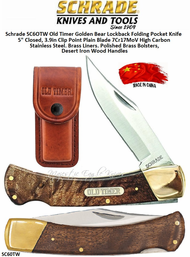 Schrade Knives SC6OTW Old Timer Golden Bear Lockback Folding Pocket Knife 5" Closed, 3.9in Clip Point Plain Blade 7Cr17MoV High Carbon Stainless Steel, Brass Liners, Polished Brass Bolsters, Brass Pins, Desert Iron Wood Handles