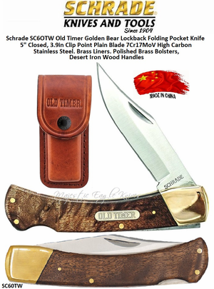 Schrade Knives SC6OTW Old Timer Golden Bear Lockback Folding Pocket Knife 5" Closed, 3.9in Clip Point Plain Blade 7Cr17MoV High Carbon Stainless Steel, Brass Liners, Polished Brass Bolsters, Brass Pins, Desert Iron Wood Handles Schrade Knives SC6OTW Old Timer Golden Bear Lockback Folding Pocket Knife 5" Closed, 3.9in Clip Point Plain Blade 7Cr17MoV High Carbon Stainless Steel, Brass Liners, Polished Brass Bolsters, Brass Pins, Desert Iron Wood Handles