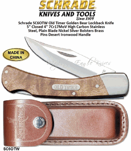 Schrade Knives SC6OTW Old Timer Golden Bear Lockback Knife 5" Closed 4" 7Cr17MoV High Carbon Stainless Steel, Plain Blade Nickel Silver Bolsters Brass Pins Desert Ironwood Handle