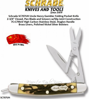Schrade Knives SC707UH Uncle Henry Gambler Folding Pocket Knife 2-1/4" Closed, 1-5/8" 7Cr17MoV High Carbon Stainless Steel, Pen Blade and Scissors w/Slip Joint Construction Staglon Handle Brass Liners, Polished Nickel Silver Bolsters Schrade Knives SC707UH Uncle Henry Gambler Folding Pocket Knife 2-1/4" Closed, 1-5/8" 7Cr17MoV High Carbon Stainless Steel, Pen Blade and Scissors w/Slip Joint Construction Staglon Handle Brass Liners, Polished Nickel Silver Bolsters