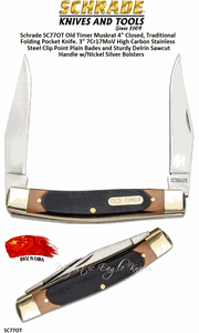 Schrade Knives SC77OT Old Timer Muskrat Folding Pocket Knife, 3" 7Cr17 High Carbon Stainless Steel Duel Clip Point Blades, Sawcut Delrin Handles, Nickel Silver Bolsters, Brass Pins