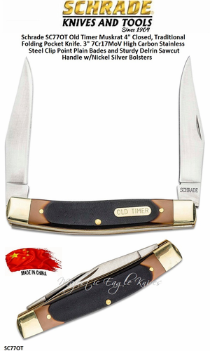 Schrade Knives SC77OT Old Timer Muskrat Folding Pocket Knife, 3" 7Cr17 High Carbon Stainless Steel Duel Clip Point Blades, Sawcut Delrin Handles, Nickel Silver Bolsters, Brass Pins
