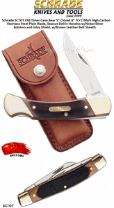 Schrade Knives SC7OT Old Timer Cave Bear Brown Sawcut Delrin Lockback Folder 5" Closed, 4" 7Cr17MoV High Carbon Stainless Steel Plain Blade Leather Sheath