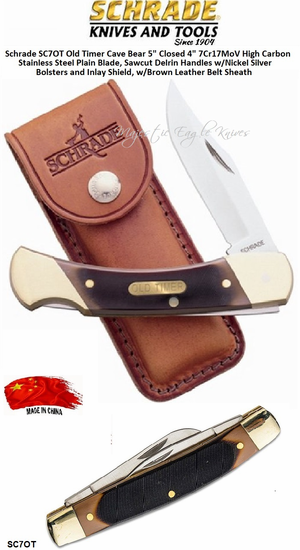 Schrade Knives SC7OT Old Timer Cave Bear Brown Sawcut Delrin Lockback Folder 5" Closed, 4" 7Cr17MoV High Carbon Stainless Steel Plain Blade Leather Sheath Schrade Knives SC7OT Old Timer Cave Bear Brown Sawcut Delrin Lockback Folder 5" Closed, 4" 7Cr17MoV High Carbon Stainless Steel Plain Blade Leather Sheath