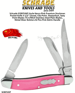 Schrade Knives SC897UHP Uncle Henry Pink Premium Stockman Pocket Knife 3-1/2" Closed, 3"" Clip Point, Sheepsfoot, Spey Point Blades 7Cr17MoV Stainless Steel Plain Blades, Nickel Silver Bolsters & Pins Pink Delrin Handle