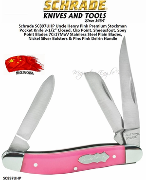 Schrade Knives SC897UHP Uncle Henry Pink Premium Stockman Pocket Knife 3-1/2" Closed, 3"" Clip Point, Sheepsfoot, Spey Point Blades 7Cr17MoV Stainless Steel Plain Blades, Nickel Silver Bolsters & Pins Pink Delrin Handle
