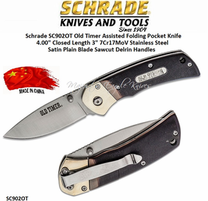 Schrade Knives SC902OT Old Timer Assisted Folding Pocket Knife 4.00" Closed Length 3" 7Cr17MoV Stainless Steel Satin Plain Blade Sawcut Delrin Handles Schrade Knives SC902OT Old Timer Assisted Folding Pocket Knife 4.00" Closed Length 3" 7Cr17MoV Stainless Steel Satin Plain Blade Sawcut Delrin Handles