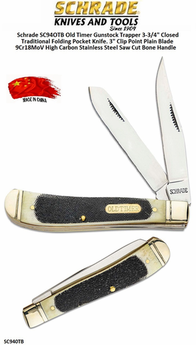 Schrade Knives SC94OTB Old Timer Gunstock Trapper 3-3/4" Closed Traditional Folding Pocket Knife. 3" Clip Point Plain Blade 9Cr18MoV High Carbon Stainless Steel Saw Cut Bone Handle 