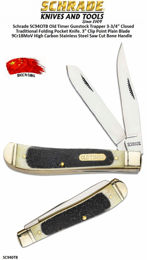 Schrade Knives SC94OTB Old Timer Gunstock Trapper 3-3/4" Closed Traditional Folding Pocket Knife. 3" Clip Point Plain Blade 9Cr18MoV High Carbon Stainless Steel Saw Cut Bone Handle Schrade Knives SC94OTB Old Timer Gunstock Trapper 3-3/4" Closed Traditional Folding Pocket Knife. 3" Clip Point Plain Blade 9Cr18MoV High Carbon Stainless Steel Saw Cut Bone Handle