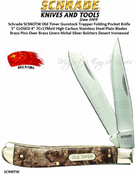 Schrade Knives SC94OTW Old Timer Gunstock Trapper Folding Pocket Knife 3-78" CLOSED 3" 7Cr17MoV High Carbon Stainless Steel Plain Blades Nickel Silver Bolsters Brass Liners Brass Pins Desert Ironwood Schrade Knives SC94OTW Old Timer Gunstock Trapper Folding Pocket Knife 3-78" CLOSED 3" 7Cr17MoV High Carbon Stainless Steel Plain Blades Nickel Silver Bolsters Brass Liners Brass Pins Desert Ironwood